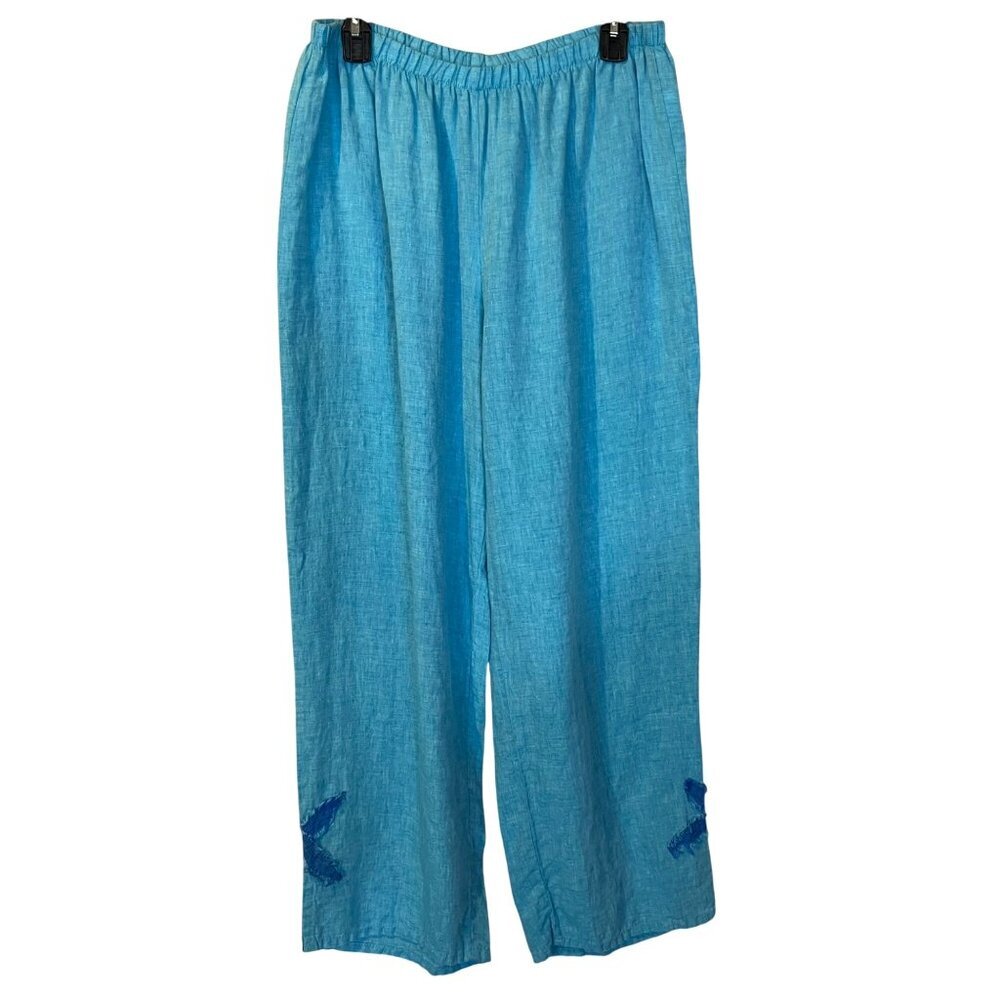 Liz & Jane‎ Womens Light Blue Linen Pants L Lagenlook Beach Coastal Grandma Boho
